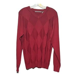 Oscar de la Renta Diamond Argyle V-Neck Cotton Sweater True Red Medium Men